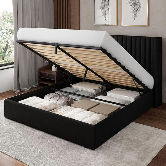 Feonase Queen Size Lift Up Storage Bed Frame, Linen Upholstered Platform Bed with Wingback Headboard, Hydraulic Storage, No Box Spring Needed, Black