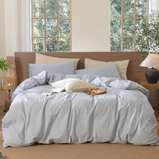MooMee Striped Duvet Cover Set 100% Washed Cotton Linen Like Textured Breathable Durable Soft Comfy (Cornflower Blue White Wide Stripes, Full 80"x90")