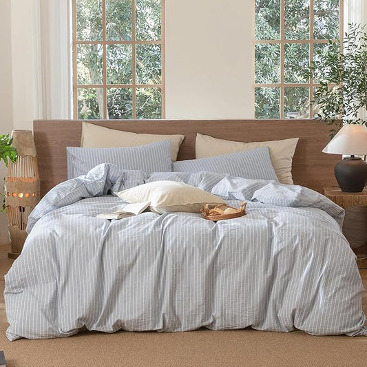 MooMee Striped Duvet Cover Set 100% Washed Cotton Linen Like Textured Breathable Durable Soft Comfy (Cornflower Blue White Wide Stripes, Alaska King 132"x120")
