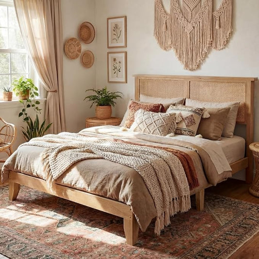 GAOMON Queen Size Rattan Bed Frame, Rattan Bed with LED Light & Natural Headboard, Boho, Storage Space Underneath, Sturdy Wooden Slats Support, No Box Spring Needed