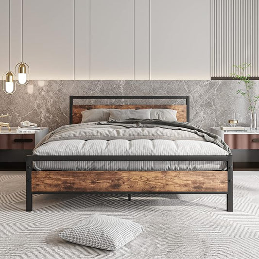 HOJINLINERO Queen Bed Frame with Headboard,Metal Platform Bed Frame Queen Size with Storage No Box Spring Needed,Heavy Duty Steel Slats,Bedframe Mattress Foundation,Black & Rustic Brown