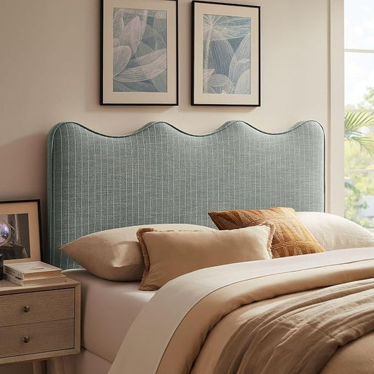 Monday Athena Striped Fabric Upholstered King Size Adjustable Headboard in Spa Blue Stripe - with Scalloped Wave Design and Soft Linen-Like Fabric