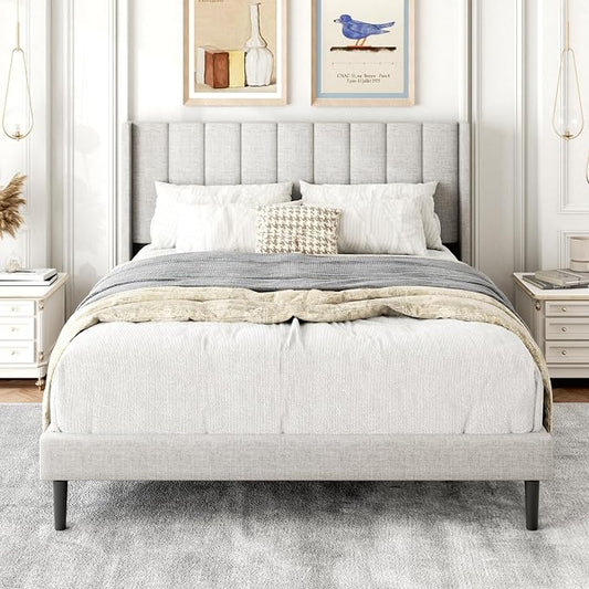 Gruwans Full Size Bed Frame with Upholstered Wingback Headboard, Easy Assemnly Platform Bed, Wooden Slat Support No Box Spring Needed, Sand