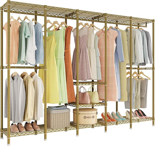 Higeego H5 Large Wire Garment Rack, Heavy Duty Clothes Racks, Wardrobe Closet Rack for Hanging Clothes, Freestanding Clothing Racks with Adjustable Shelf, 93.3" Wx15.7 Dx75.4 H, Gold, Load 1400 lbs