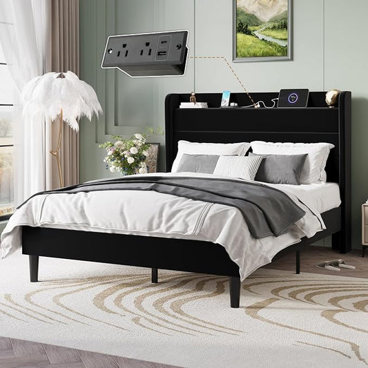SHA CERLIN Queen Bed Frame with Charging Station, Velvet Upholstered Platform Bed, Wingback Storage Headboard, Type-C & USB Ports, Strong Wooden Slats, No Box Spring Needed, Easy Assembly, Black