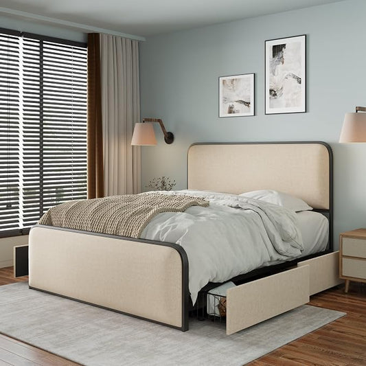 Merax Metal Platform Bed King Size with Curved Upholstered Headboard and Footboard, King Bed Frame with 4 Storage Drawers Under Bed, Heavy Duty Metal Slats, No Box Spring Needed, Easy Assembly, Beige