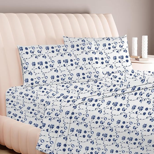 Carressa Linen Luxury Egyptian Cotton Twin XL Printed Sheet Set - 600 Series Extra Long Staple 3 PC Set, Floral Blue Twin XL Sheets, Soft, Cooling Sateen Weave Sheets Upto 18 in Deep Pocket
