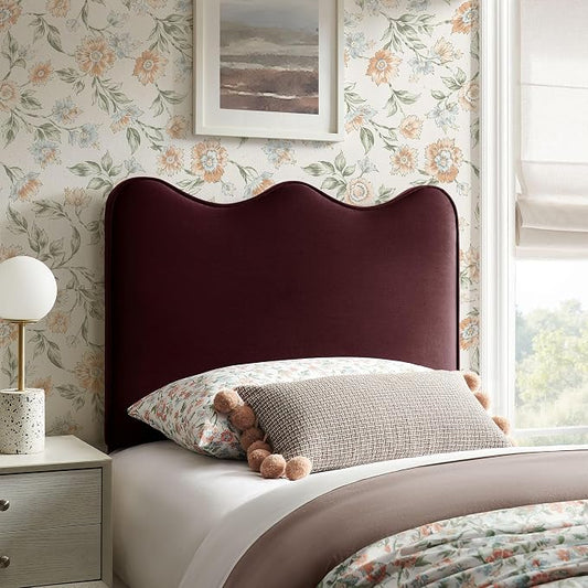 Monday Athena Twin Size Performance Velvet Adjustable Headboard in Mulberry - with Scalloped Wave Design and Stain-Resistant Velvet Upholstery