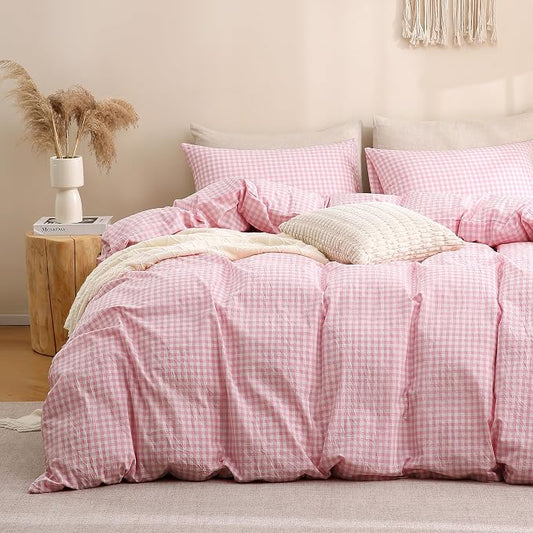 TOCOMOA Pink Gingham Duvet Cover Bedding Set 100% Washed Cotton Like Linen Feel Super Soft Comfortable 2 Piece Cute Plaid Checkered Comforter Cover Set (Twin 68"x90", Comforter Not Included)