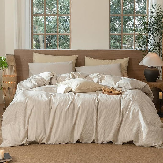 MooMee Striped Duvet Cover Set 100% Washed Cotton Linen Like Textured Breathable Durable Soft Comfy (Tannish Linen Grey White Pinstripes, Oversized Queen 98"x98")