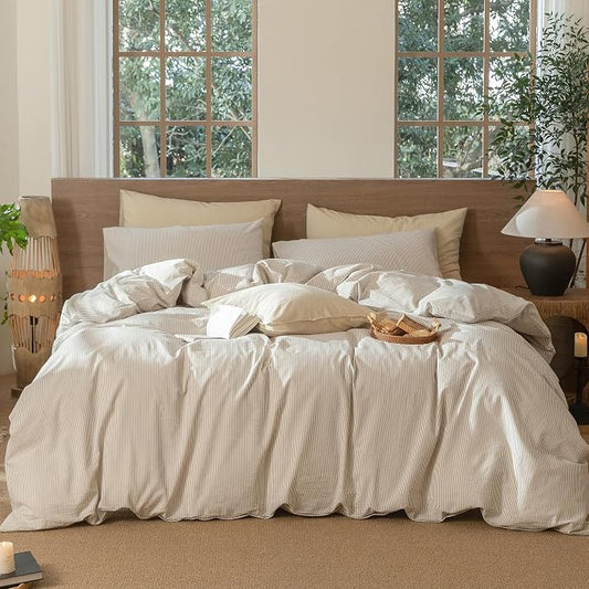 MooMee Striped Duvet Cover Set 100% Washed Cotton Linen Like Textured Breathable Durable Soft Comfy (Tannish Linen Grey White Pinstripes, Oversized King Plus 128"x120")