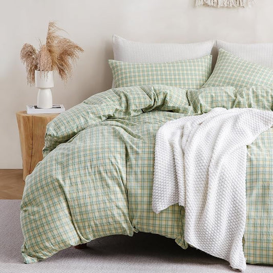 TOCOMOA Plaid Duvet Cover Set 100% Washed Cotton Like Linen Feel Super Soft Comfy 3 Piece Green and Yellow Gingham Checkered Bedding Comforter Cover Set (King 104"x90", Comforter Not Included)