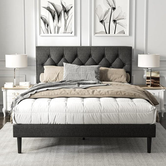 HAOARA Queen Size Platform Bed Frame with Upholstered Button Tufted Headboard, Mattress Foundation with Wooden Slat Support, Noise Free, No Box Spring Needed, Easy Assembly, Dark Grey