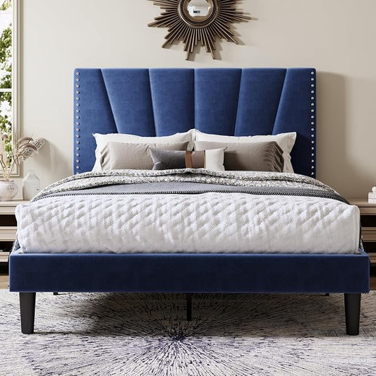 Allewie Full Size Bed Frame with Adjustable Velvet Upholstered Headboard, Rivet-Style Nailhead Trim Detail Platform Bed Frame, Wooden Slat Support, No Box Spring Needed, Easy Assembly, Blue