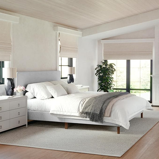 Martha Stewart Britta Platform Bed with Headboard & Footboard, Faux Linen Upholstery with Piping Detail, Rounded Headboard, No Box Spring Needed, King, Gray