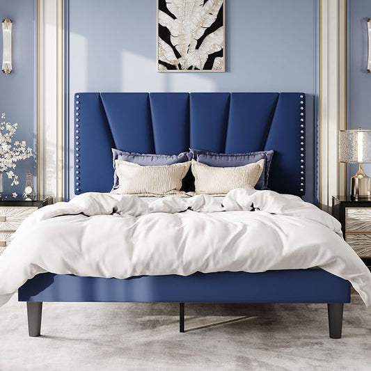 SHA CERLIN Full Size Bed Frame with Adjustable Upholstered Velvet Rivets Headboard, Sturdy Wooden Slats, Strong Platform Support for Mattress, No Box Spring Needed, Easy Assembly, Blue