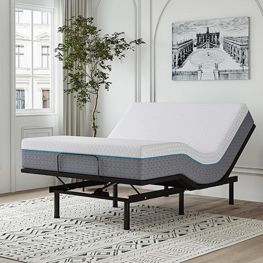 EGOHOME Adjustable Bed Frame Queen and 14 inch Charcoal Gel Memory Foam Mattress Set for Pain Relief, Metal Foldable Bed Base with Remote for Independent Head and Foot Incline, Zero Gravity Mode