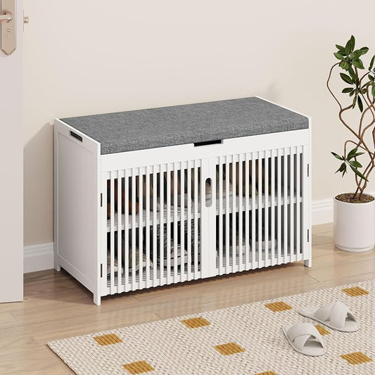 WISUCART Shoe Storage Bench with Cushion Seat, Bamboo Entryway Shoe Rack Bench, 2-Tier Shoe Organizer for Entryway, Bedroom, Hallway, Living Room, Holds Up to 330 lbs, White