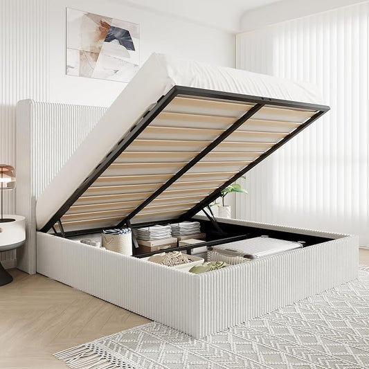 Allewie King Lift-Up Storage Bed Frame with Modern Wingback Headboard, Corduroy Upholstered Platform Bed, Hydraulic Gas Lift Support, Underbed Storage, Wooden Slats, No Box Spring Needed, White