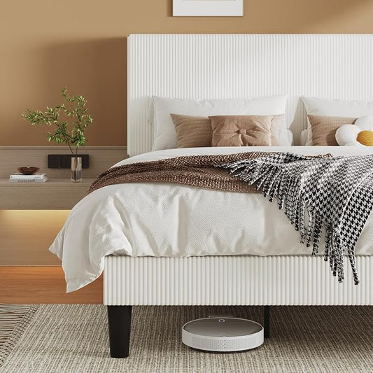 Allewie King Size Upholstered Bed Frame with Vertical Channel Tufted Headboard, Soft Corduroy Fabric Platform Bed, Strong Wooden Slats Support, Easy Assembly, No Box Spring Needed, White