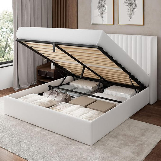 Feonase Full Size Lift Up Storage Bed Frame, Velvet Upholstered Platform Bed Frame with Wingback Headboard, Hydraulic Storage, No Box Spring Needed, White