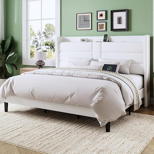Allewie King Size Platform Bed Frame with Charging Station & Storage Headboard, Upholstered Velvet Wingback Design & USB Port, Strong Wooden Slats Support, No Box Spring Needed, Easy Assembly, White