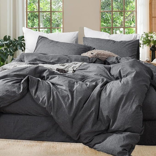 MooMee Bedding Duvet Cover Set 100% Washed Cotton Linen Like Textured Breathable Durable Soft Comfy (Heathered Dark Grey, King 104"x90")