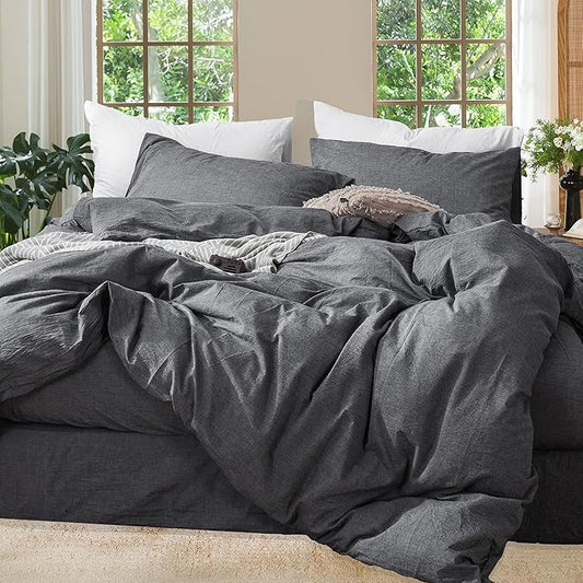 MooMee Bedding Duvet Cover Set 100% Washed Cotton Linen Like Textured Breathable Durable Soft Comfy (Heathered Dark Grey, Twin 68"x90")