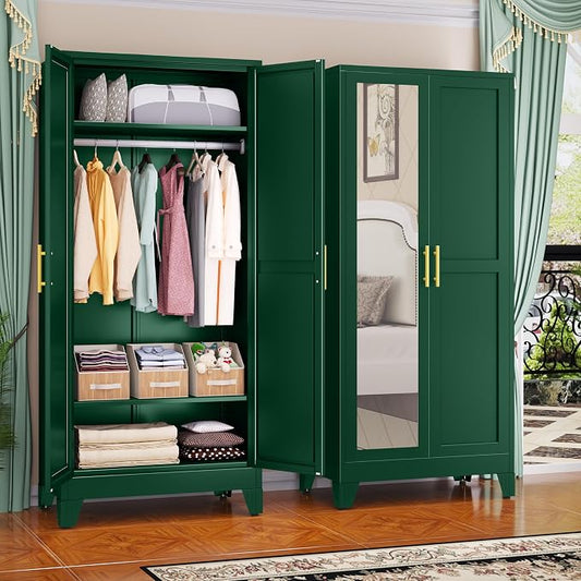GAIOUS Metal Wardrobe Cabinet with Mirror and Hanging Rod, 71" Metal Clothing Storage Cabinets with 2 Doors and Adjustable Shelves, Green Armoire Wardrobe Closet for Bedroom, Laundry Room, Cloak Room