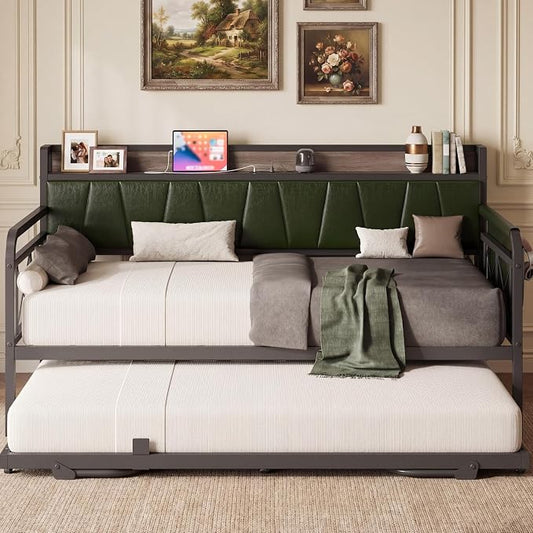 LIKIMIO Twin Daybed, Day Bed with Trundle, Storage Upholstered Headboard and Charging Station, Trundle Bed with Strong Supports for Living Room, Bedroom, and Guest Room, Dark Green