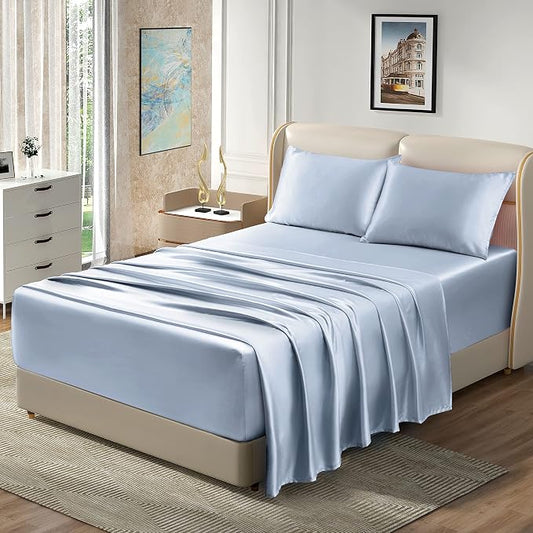 Homiest 4pcs Extra Deep Pocket Queen Size Bed Set, 18-24 Inch Deep Pocket Bed Sheets, Baby Blue Satin Sheet Set, Luxury Fitted Sheet Set Fits Ultra Deep Mattress