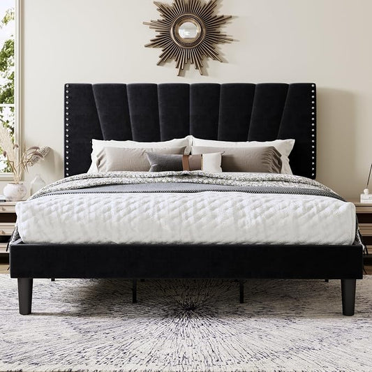 Allewie King Size Bed Frame with Adjustable Velvet Upholstered Headboard, Rivet-Style Nailhead Trim Detail Platform Bed Frame, Wooden Slat Support, No Box Spring Needed, Easy Assembly, Black