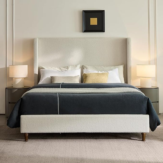 King Size Tall Headboard Bed, Boucle Upholstered Platform Bed Frame with 54" High Headboard, Sturdy Wooden Slats & Metal Frame, No Box Spring Required, Easy Assembly, Elegant Simplicity, Cream White