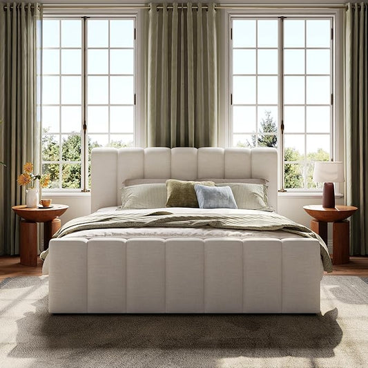 Merax Queen Size Upholstered Platform Bed with Thick Headboard and Footboard, Block Style Linen Fabric Bed Frame with Solid Wood Legs, Beige