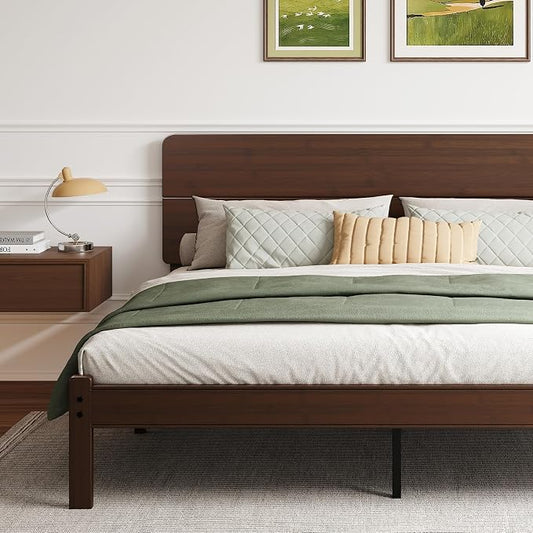 BOSRII 14in High Solid Bamboo Wood Platform King Size Bed Frame with Headboard, Reinforced Heavy Duty Metal Slats, Noise Free, No Box Spring Needed, Easy Assembly, Walnut