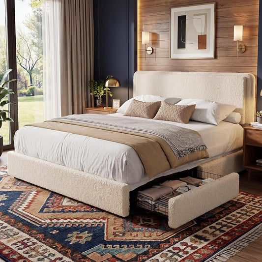 Garvee Full Size Teddy Fleece Bed Frame, Upholstered Platform Bed with 2 Storage Drawers, Height Adjustable Cloud Headboard, Thick Soft Teddy Fabric Bed, Modern Style, No Box Spring Required, Cream