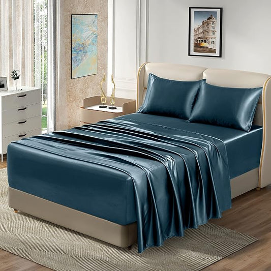 Homiest 4pcs Extra Deep Pocket Satin Sheets King Size Bed Set, 18-24 Inch Deep Pocket Bed Sheets Deep Sea Blue Satin Sheet Set, Silky Satin Bedding Set Soft Fitted Sheet Set Fits Ultra Deep Mattress