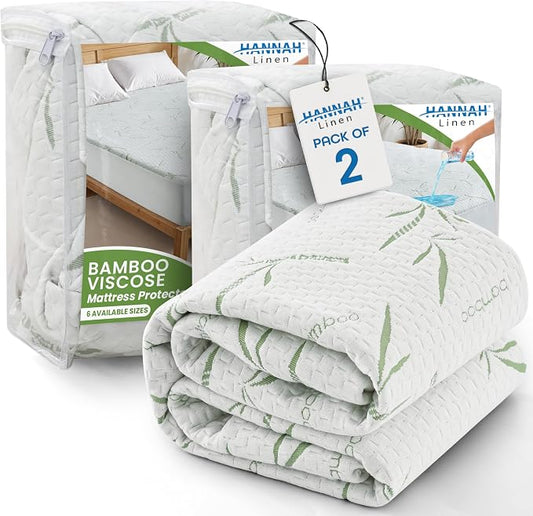 Hannah Linen Viscose derived from Bamboo Cooling Mattress Protector, 100% Waterproof - Soft and Breathable, 280 GSM Fitted Style Mattress Cover, 16 Inches Deep Pocket - King, 80x78 - (2 Pack)