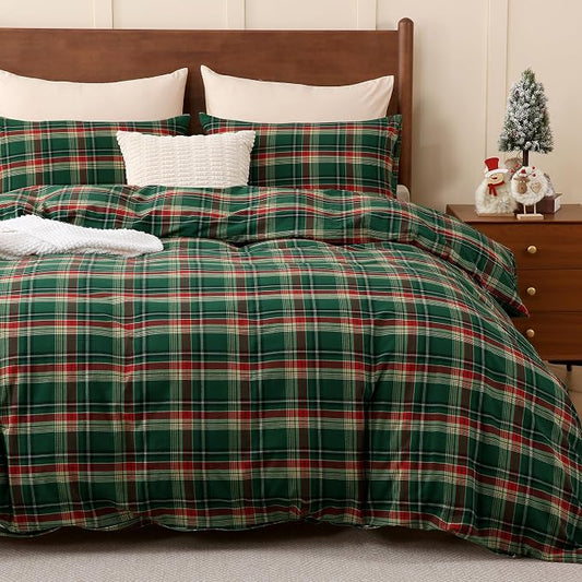TOCOMOA Christmas Plaid Duvet Cover Set 100% Washed Cotton Like Linen Feel Super Soft Comfy 3 Piece Green Red Gingham Checkered Bedding Comforter Cover Set (Queen 90"x90", Comforter Not Included)