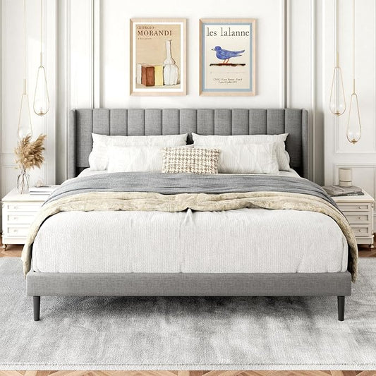 Gruwans King Size Bed Frame with Wingback Headboard, Upholstered Platform Bed, No Box Spring Needed, Sturdy Wooden Slat Support, Easy Assembly, Light Gray