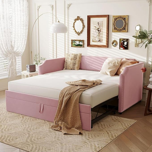 Merax Multifunctional Upholstered Extending Daybed with Trundle Twin to King, Velvet Sofa Bed with Wood Slats, No Box Spring Needed Pink