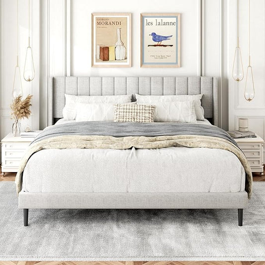 Gruwans King Size Bed Frame with Upholstered Wingback Headboard, Easy Assemnly Platform Bed, Wooden Slat Support No Box Spring Needed, Sand