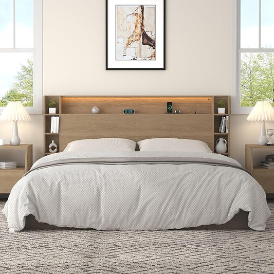 King Headboard Only with Shelves Storage, Headboards with Charging Station 2 USB Ports and LED Light,Sturdy and Stable Modern Sturdy and Stable Wood Bed Board (Natural Oak, King) | Solid wood leg, chargestation, Storage
