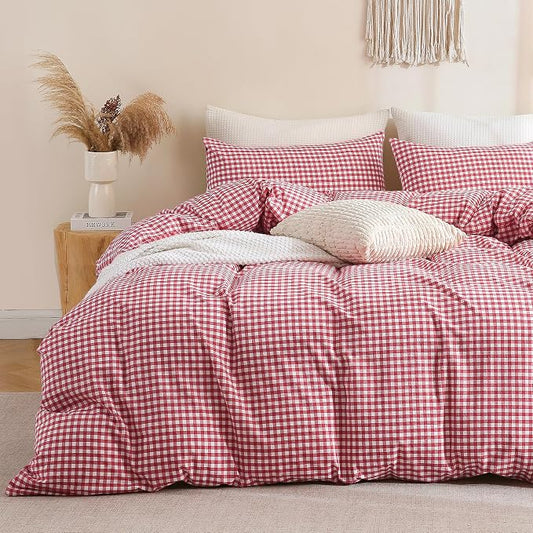 TOCOMOA Red Gingham Duvet Cover Bedding Set 100% Washed Cotton Like Linen Feel Super Soft Comfortable 3 Piece Cute Plaid Checkered Comforter Cover Set (Queen 90"x90", Comforter Not Included)