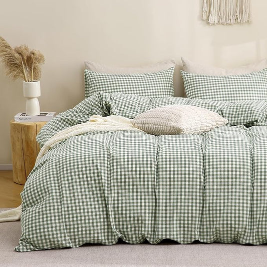 TOCOMOA Green Gingham Duvet Cover Bedding Set 100% Washed Cotton Like Linen Feel Super Soft Comfortable 3 Piece Plaid Checkered Comforter Cover Set (California King 104"x98", Comforter Not Included)