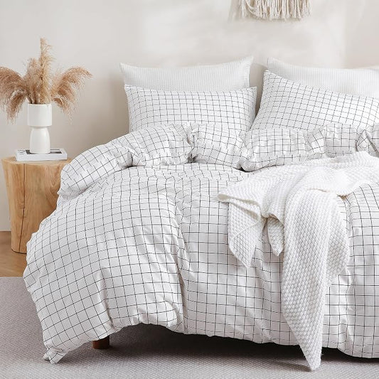 TOCOMOA Checkered Duvet Cover Set 100% Natural Cotton Soft Comfy Breathable 3 Piece White and Black Gingham Pattern Printed Comforter Cover Bedding Set (Queen 90"x90", Comforter Not Included)