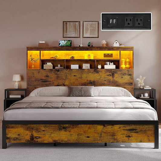DWVO Queen Size Bed Frame with Storage Bookcase Headboard & RGB LED Lights, Slide Out Bedside Storage, Charging Station, Heavy Duty Metal Slats, No Box Spring Needed, Noise-Free, Rustic Brown