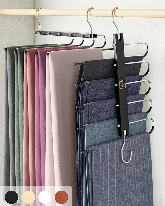 MORALVE Pants Hangers Space Saving - 2 Pack European Beechwood Scarf and Jean Hangers - Closet Organizer and Space Saver Pant Rack, Leggings Hanger, and Scarf Holder with 360° Swivel Hook