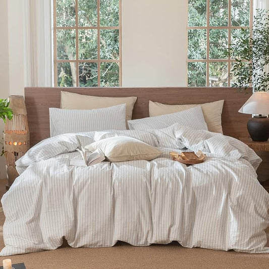 MooMee Striped Duvet Cover Set 100% Washed Cotton Linen Like Textured Breathable Durable Soft Comfy (White Cornflower Blue Wide Stripes, Queen 90"x90")
