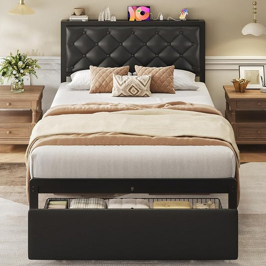 Fluest Twin Bed Frame with Storage Drawer, Upholstered Headboard Button Tufted Bed Frame with Charging Station, No Box Spring Needed, Noise-Free, All Metal Structure, Black